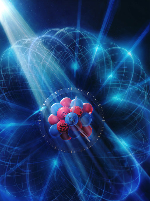 Künstlerische Darstellung der Scandium-Atomkernuhr.