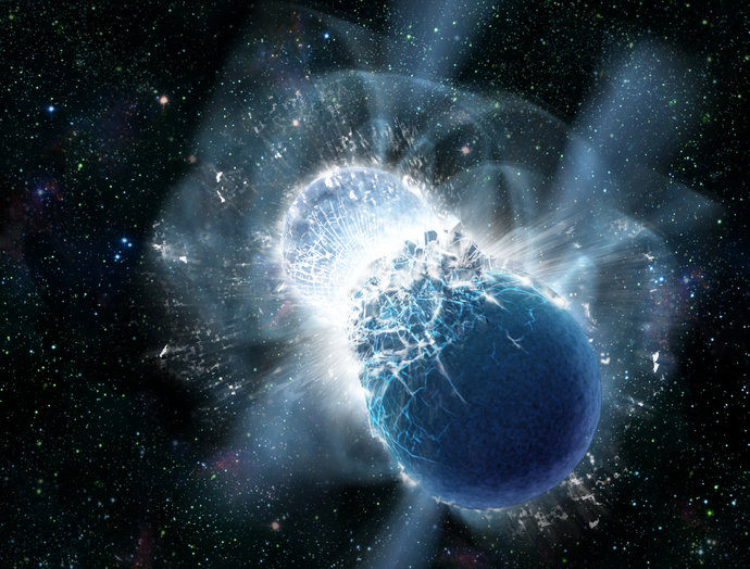 Künstlerische Darstellung einer Kilonova: Zwei Neutronensterne im Moment ihrer Verschmelzung.