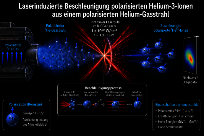 Ein Gasstrahl von polarisiertem Helium-3 (von links kommend) wird mit einem intensiven Laserpuls aus dem PHELIX-Laser beschossen (Mitte), so dass es zu einer Laser-Plasma-Beschleunigung kommt. Die beschleunigten Helium-3-Teilchen treffen (rechts) auf einen Detektor, der den Polarisationsgrad misst. Ein Gasstrahl von polarisiertem Helium-3 (von links kommend) wird mit einem intensiven Laserpuls aus dem PHELIX-Laser beschossen (Mitte), so dass es zu einer Laser-Plasma-Beschleunigung kommt. Die beschleunigten Helium-3-Teilchen treffen (rechts) auf einen Detektor, der den Polarisationsgrad misst.