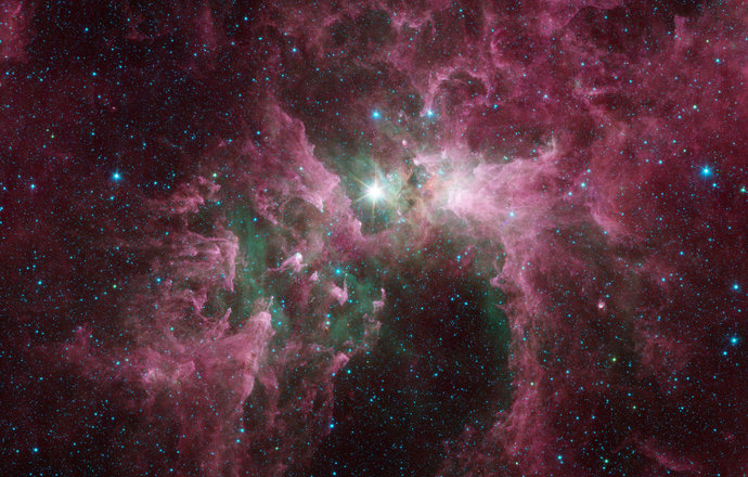 The Carina nebula, observed by the Spitzer Space Telescope.